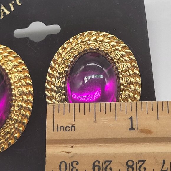 VTG Gold Tone Purple Jewel Tone Cabochon Earrings Oval Statement Heavy Korea - Picture 6 of 8